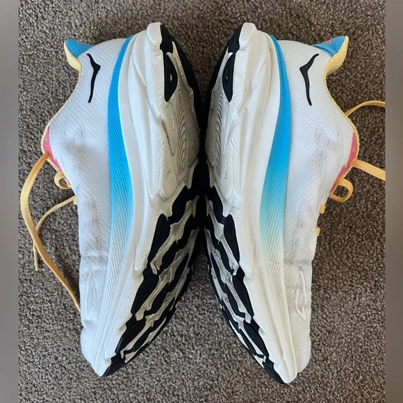 Women's Hoka Clifton White and Yellow Running Shoes - Picture 2 of 12